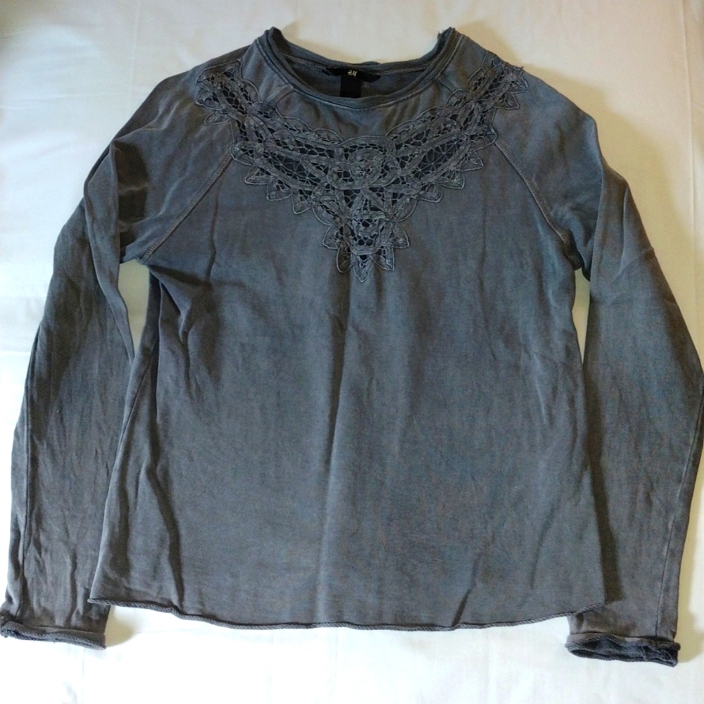 H&M Women's Gray Long-Sleeve Top with Crochet Yoke